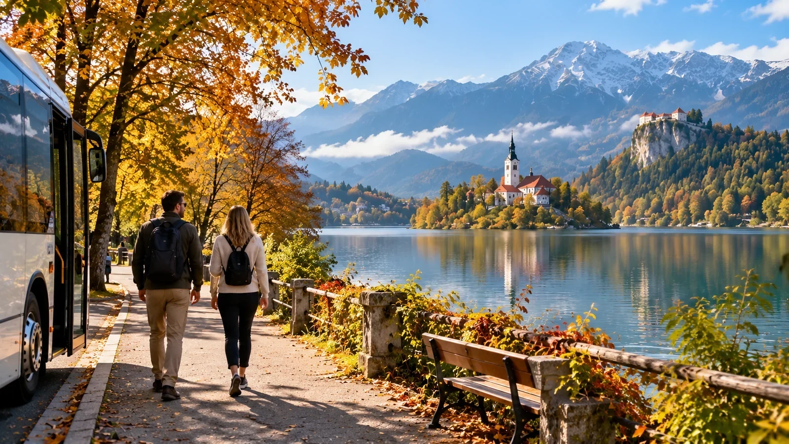 Illustrative autumn scene of visitors arriving at Lake Bled by bus, with lakeside path, island church and castle